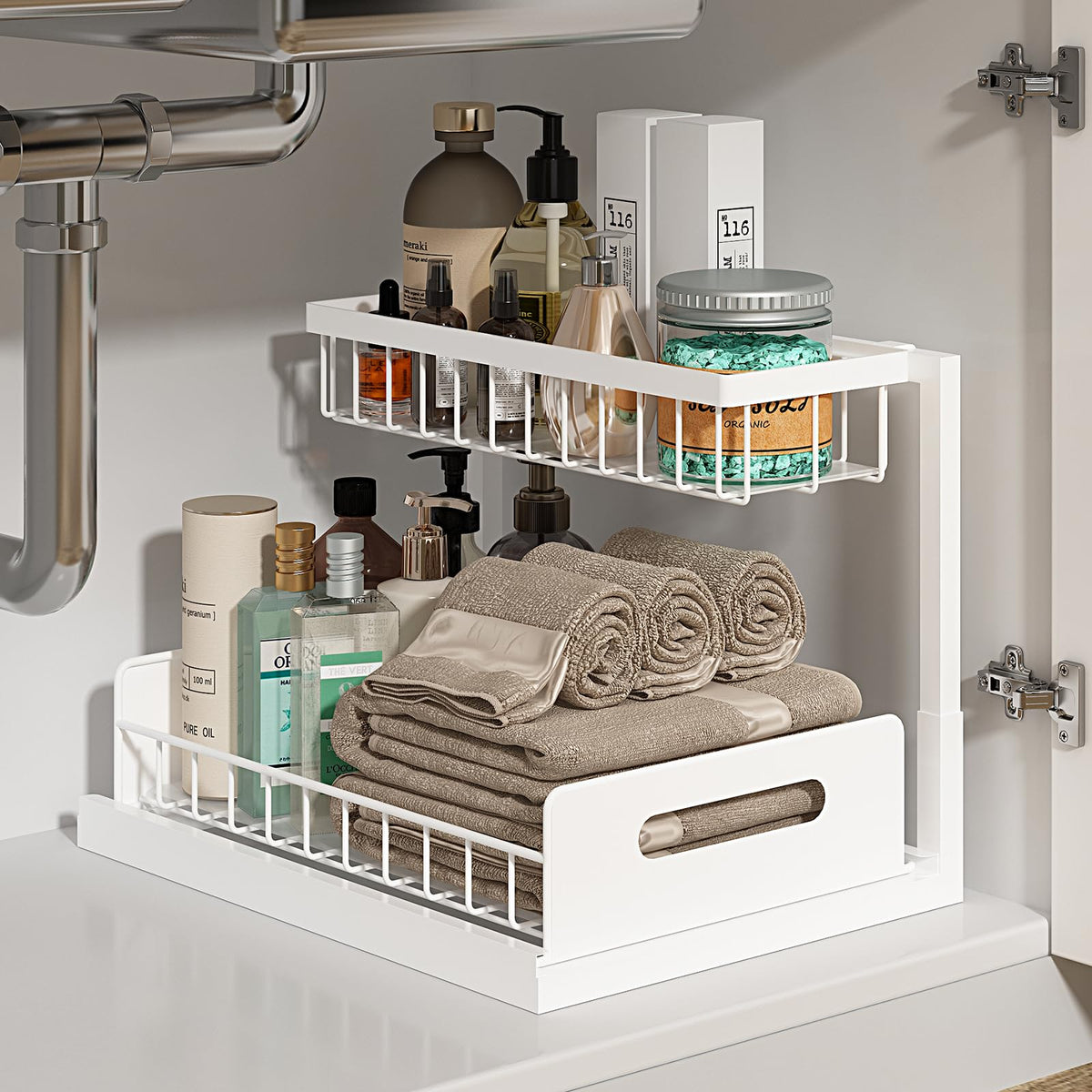 REALINN under-sink organizer with a pull-out drawer keeps plumbing accessible and items within reach.