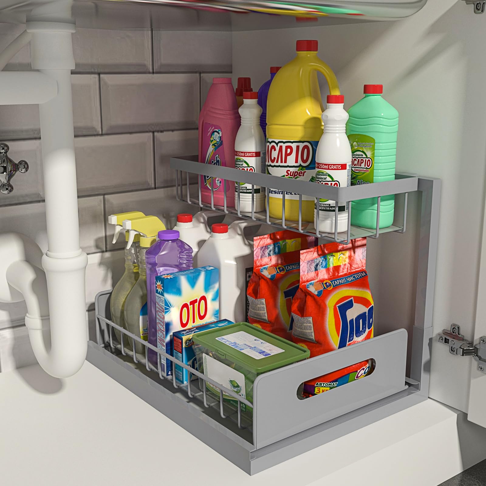 REALINN under sink organizer pull-out drawer keeps cleaning supplies organized.