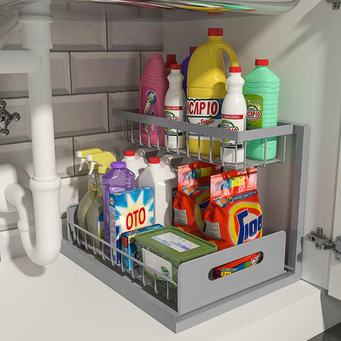 REALINN under sink organizer pull-out drawer keeps cleaning supplies organized.