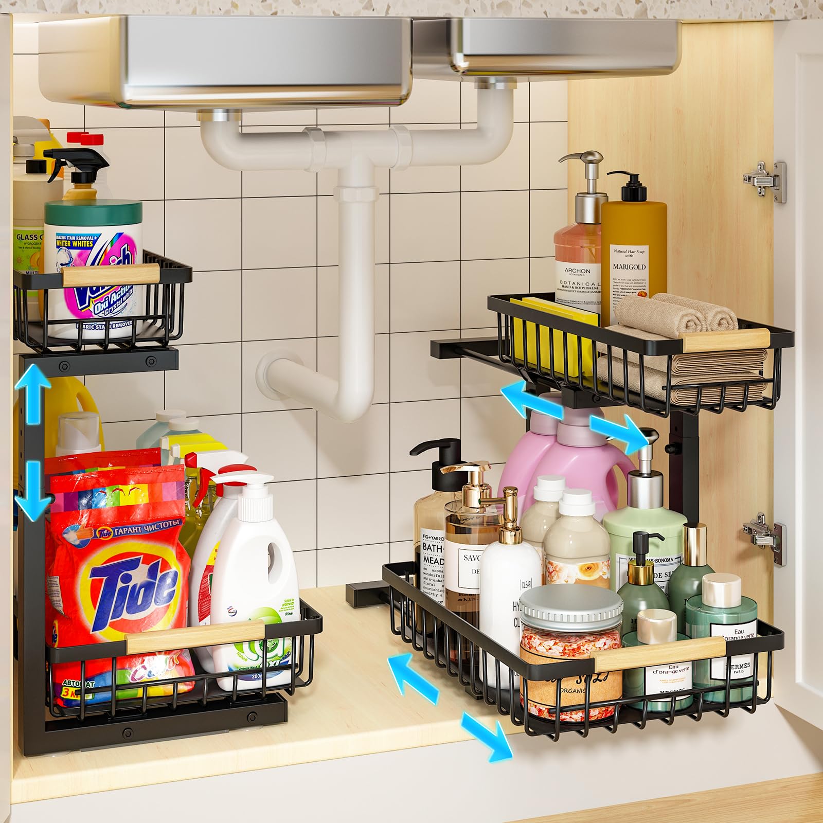 REALINN under sink organizer with pull-out drawers for easy cabinet access.