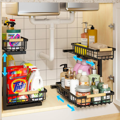 REALINN under sink organizer with pull-out drawers for easy cabinet access.
