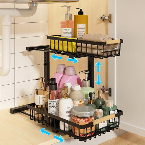 Realinn under-sink organizer rail slides smoothly for easy access to cleaners.