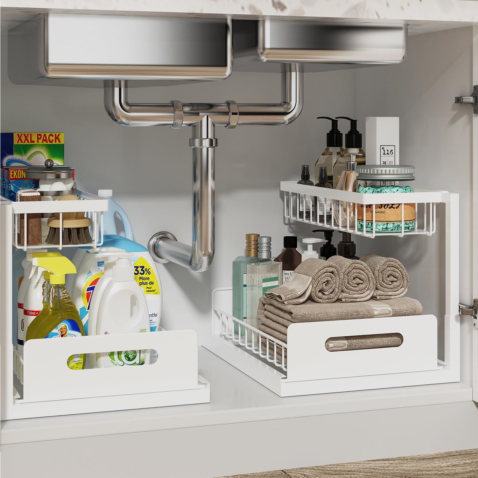 REALINN under-sink organizer slide-out drawer for easy access to stored items.