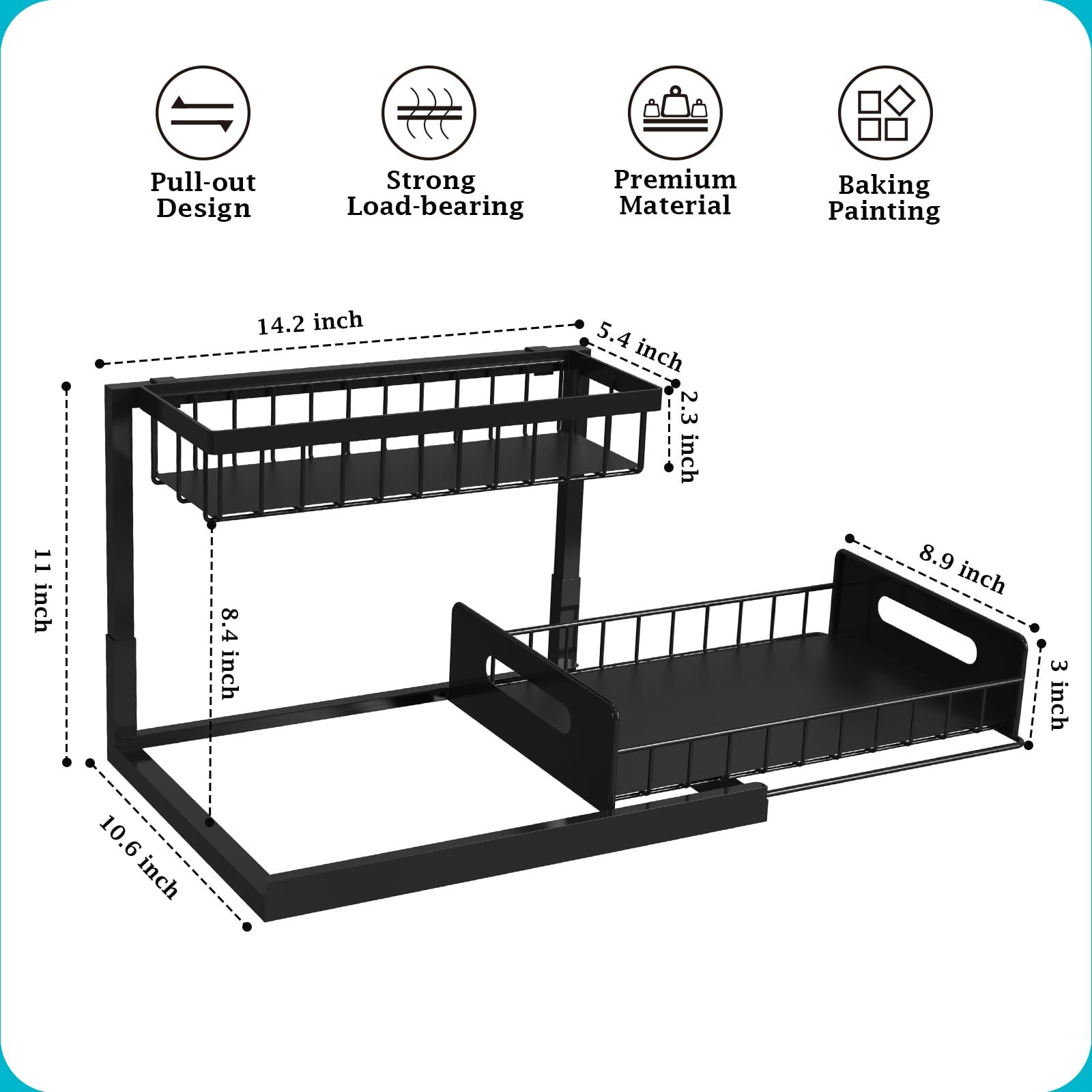 Realinn under-sink organizer shows a pull-out drawer for easy bottom shelf access.