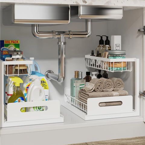 REALINN under-sink organizer slide-out drawer for easy access to stored items.