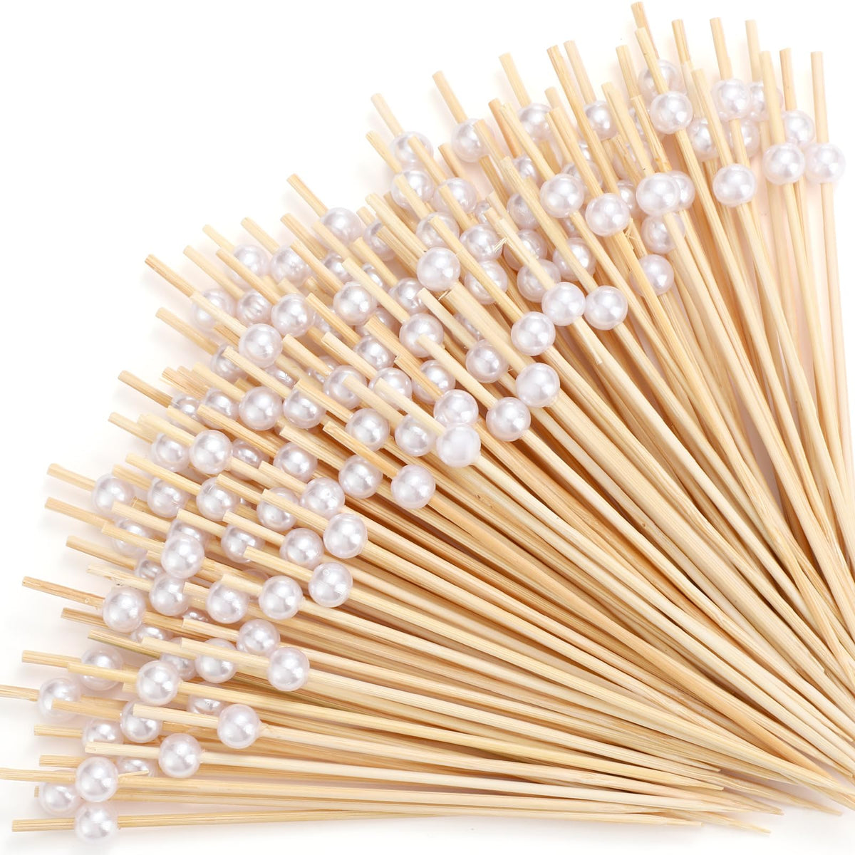 Reallnaive pearl cocktail picks with bamboo shaft for elegant appetizers.