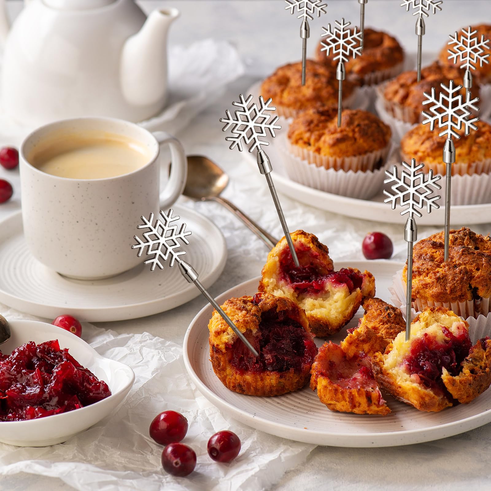 Reallnaive snowflake dessert picks enhance plated sweets and fruits