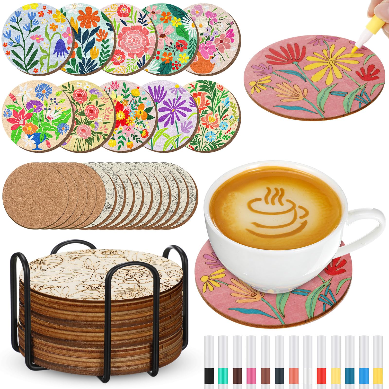 Reallnaive wooden coaster with a flower pattern for decorative use and surface protection