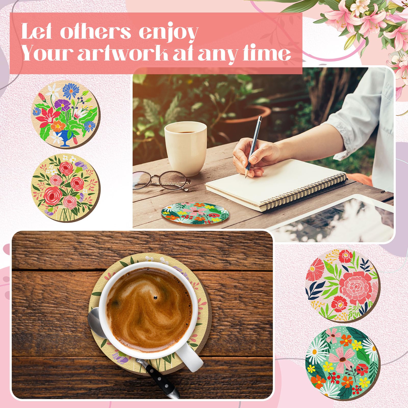 Reallnaive flower coasters offer durable pine texture with moisture resistance