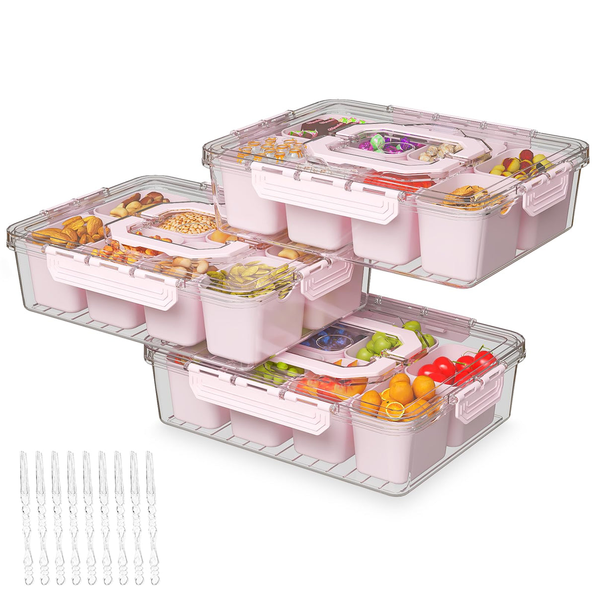 REBECAT divided serving tray with lid and eight pink compartments for organized snacks.