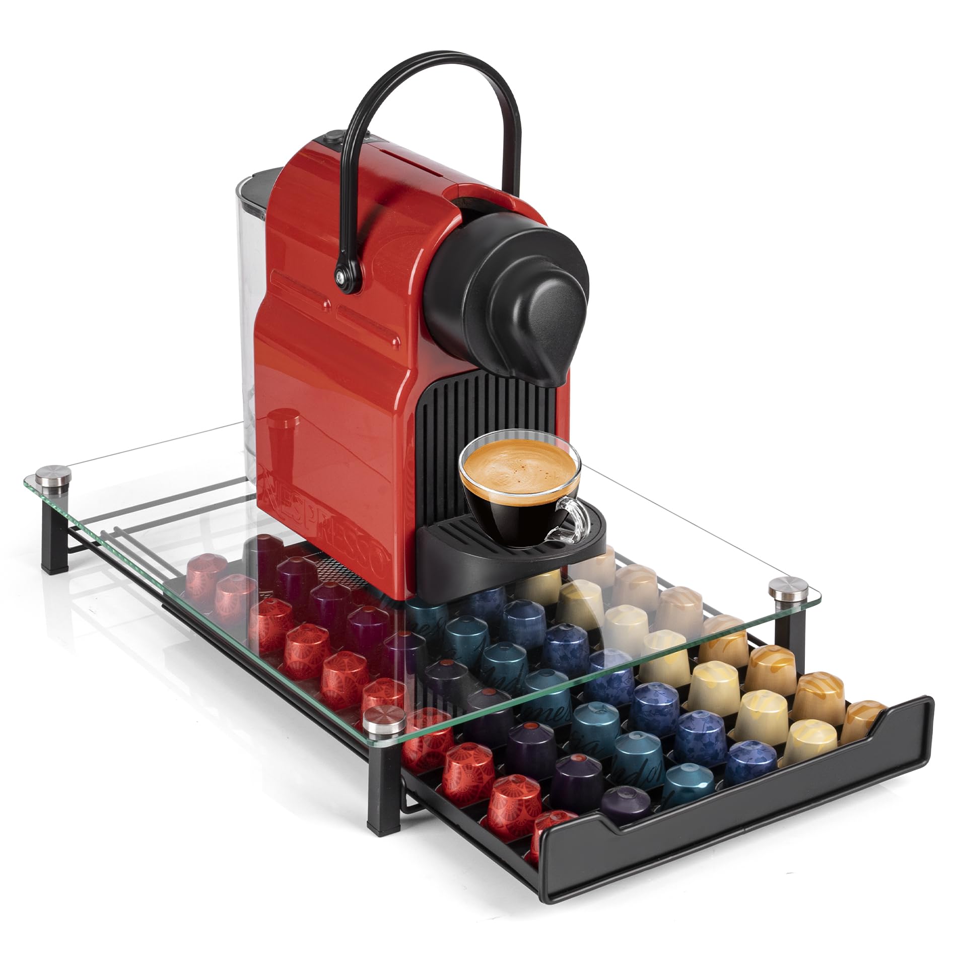 RECAPS coffee pod holder top view shows glass drawer for easy capsule access