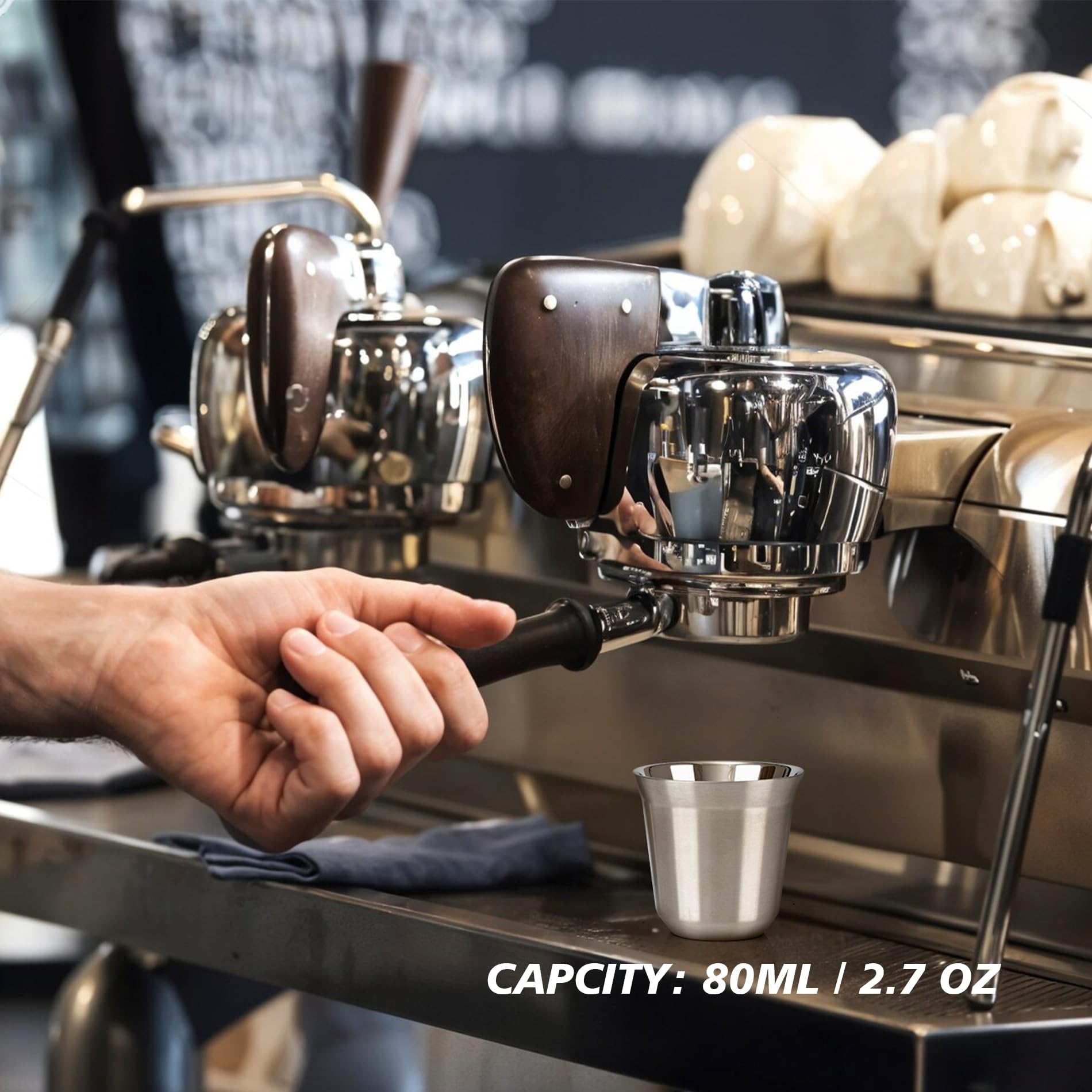 RECAPS stainless steel demitasse cups, side view, resistant to drops for daily use