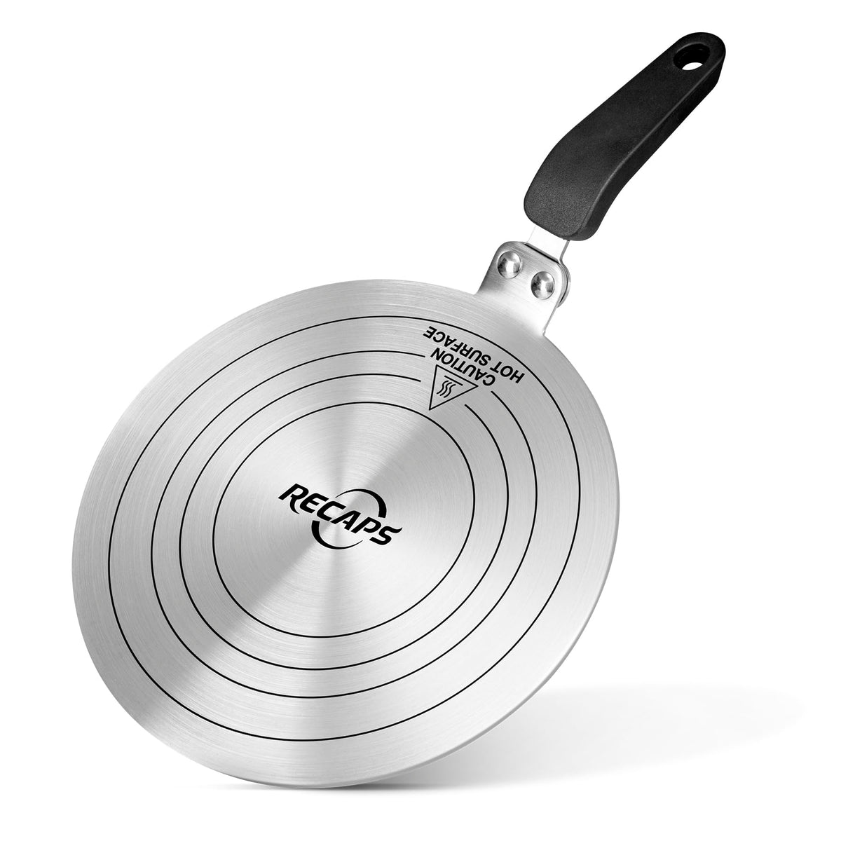 RECAPS induction adapter plate top view shows compact heat diffuser design for various stoves