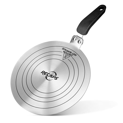RECAPS induction adapter plate top view shows compact heat diffuser design for various stoves