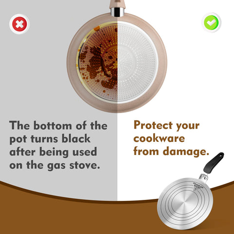 RECAPS stainless steel heat diffuser on a stove promotes even heating and cookware longevity