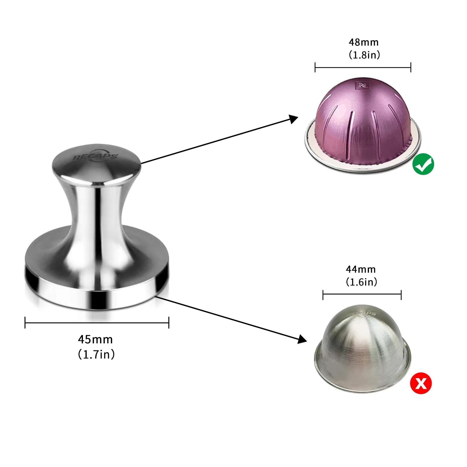 RECAPS Vertuo Original pod tamper for consistent tamping.