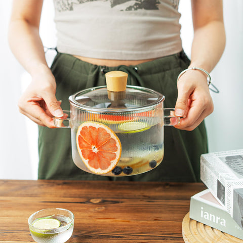 Compact kitchen setup featuring the Recceng glass simmer pot for tea and infusions