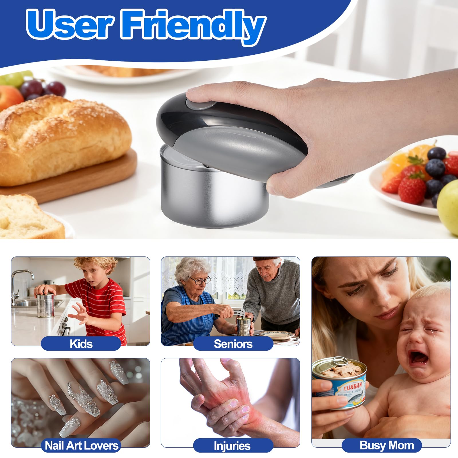 Rechargeable Electric Can Opener cuts cans in seconds for quick prep.