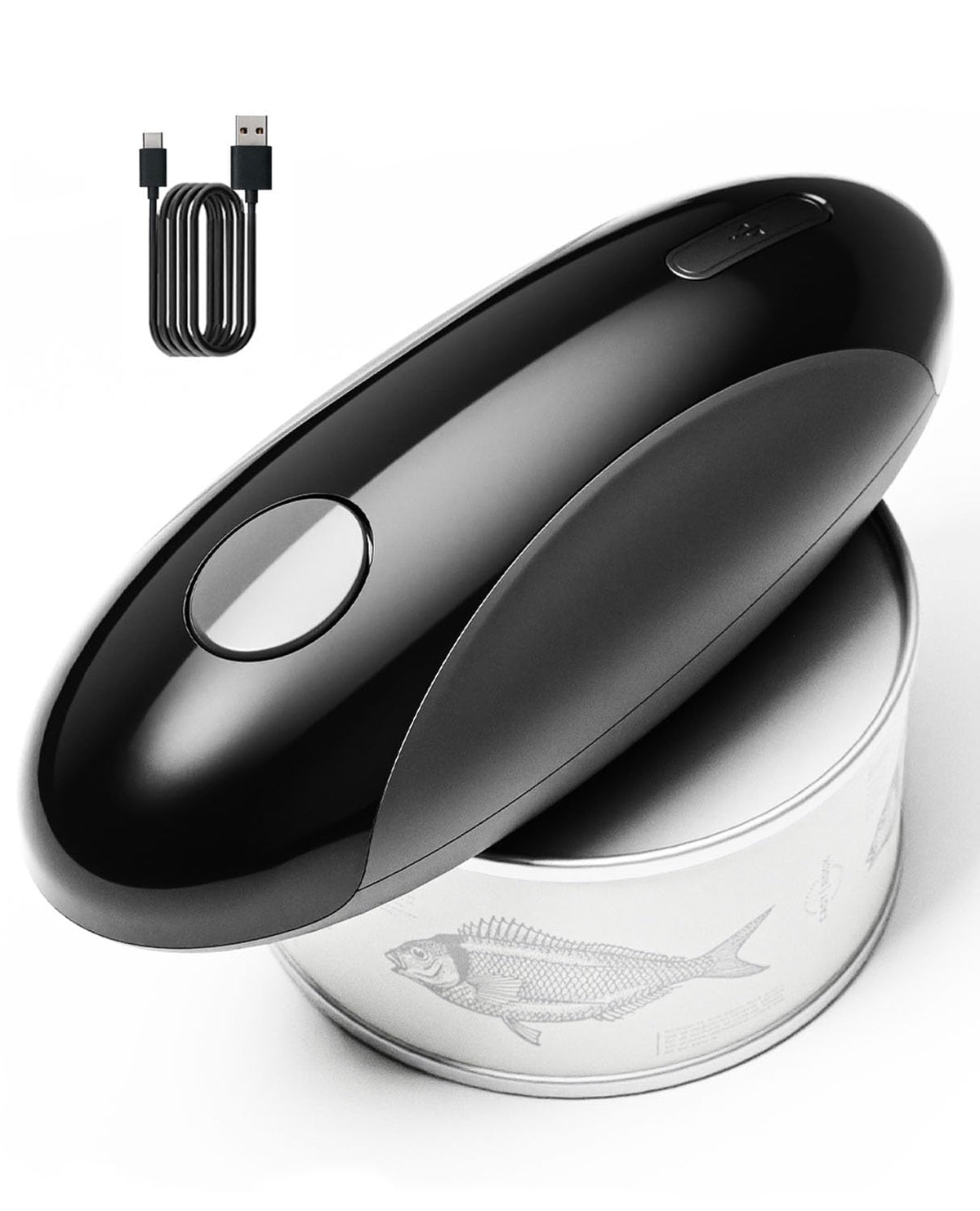 Rechargeable Electric Can Opener demonstrating hands-free operation for easier kitchen use.