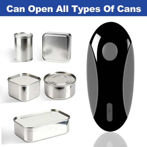 Rechargeable Electric Can Opener shows side-cut safety for a smooth lid edge.