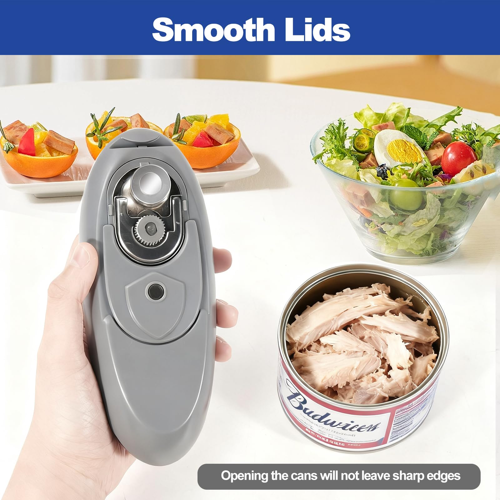 Rechargeable Electric Can Opener uses USB charging for convenient power.