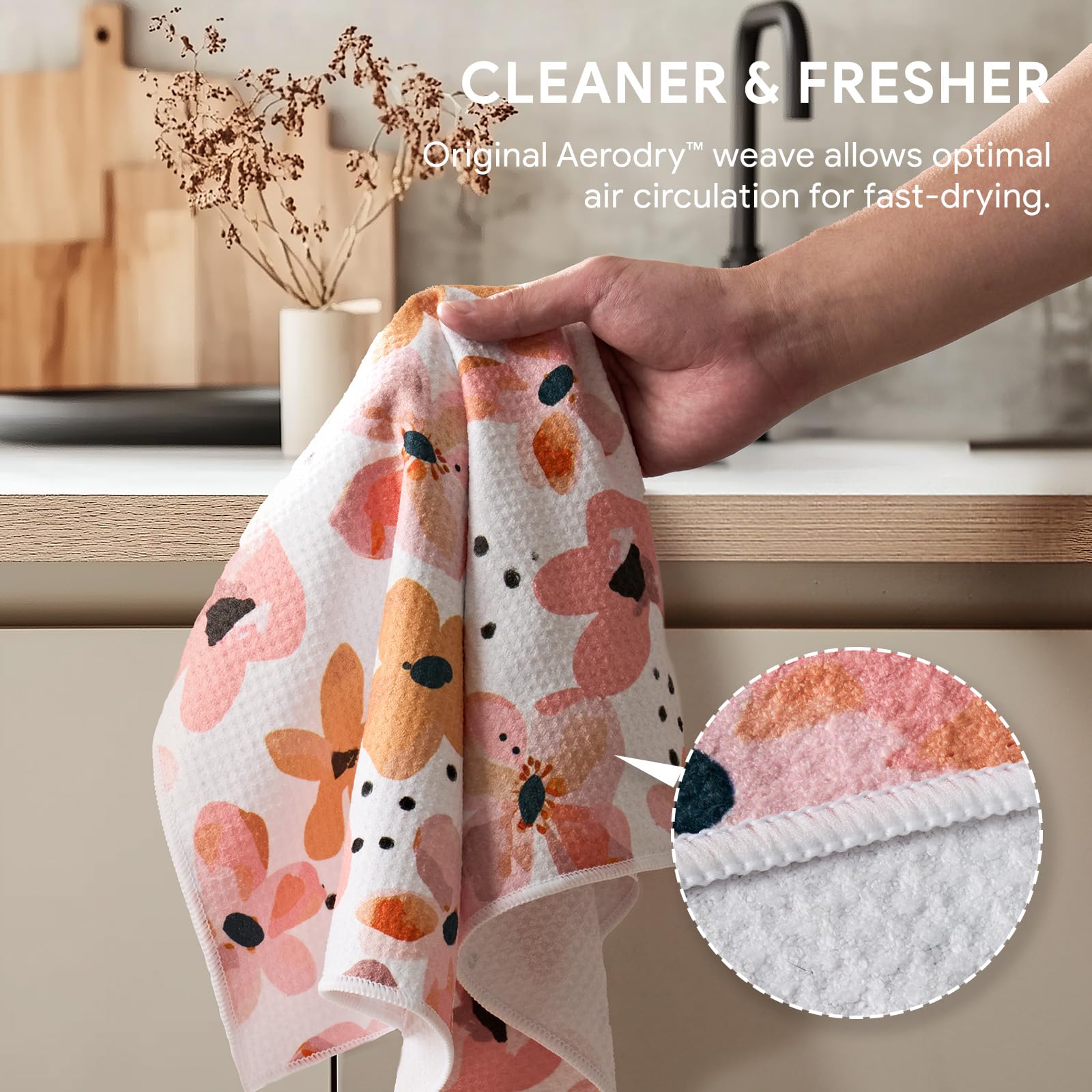 Two-pack display of RECYCO waffle towels highlighting convenience for busy kitchens.