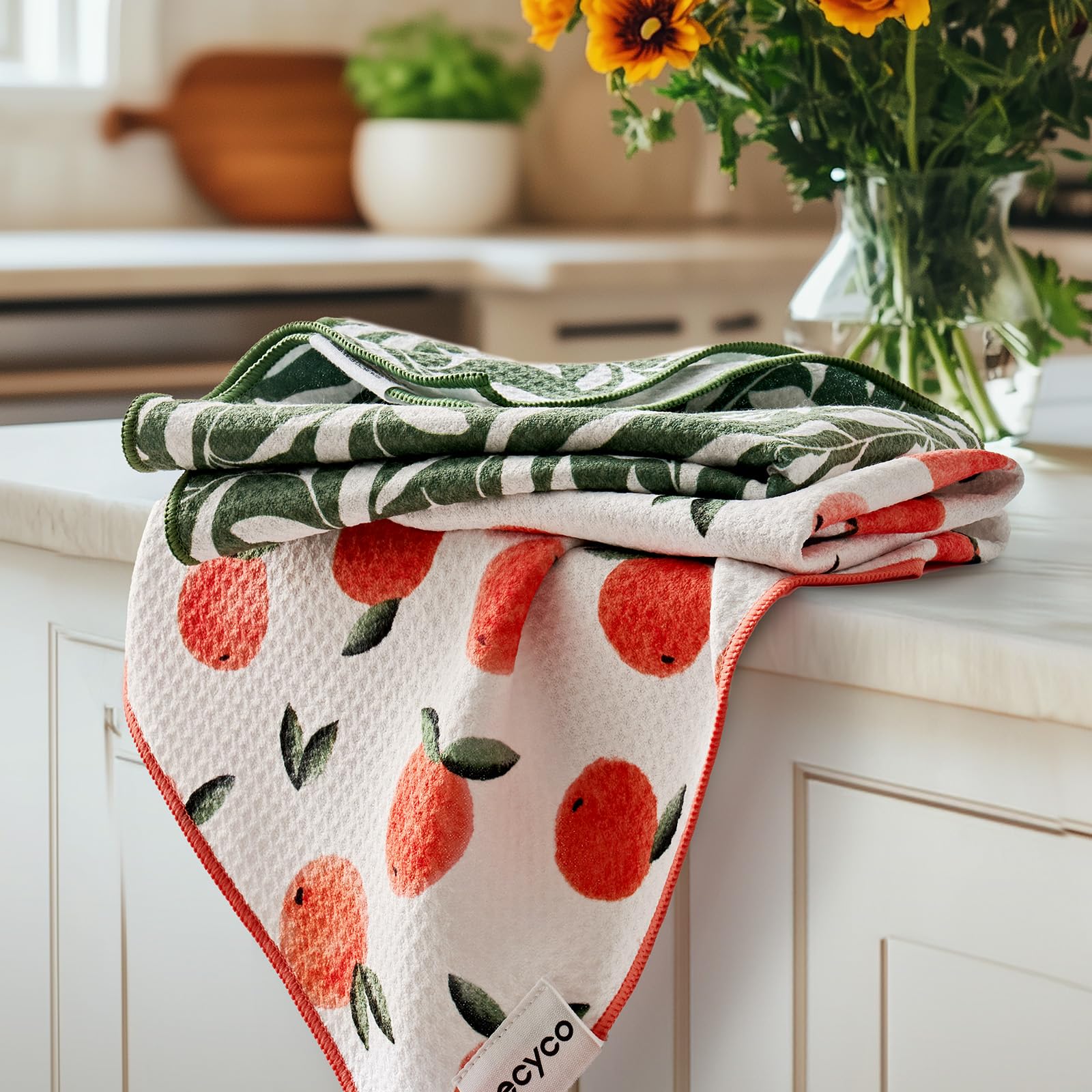 RECYCO waffle towels Peachy Leaves quick-dry performance in busy kitchens