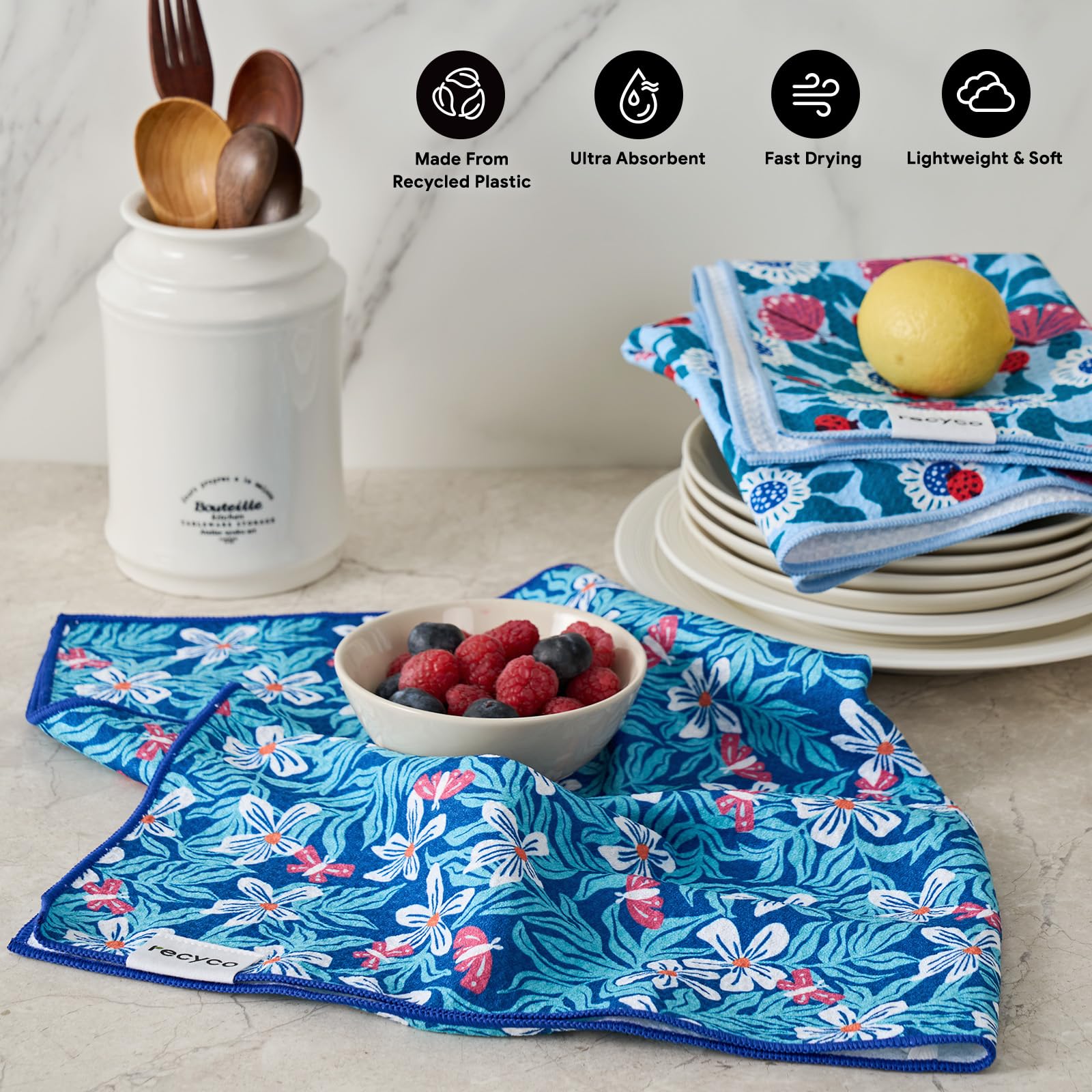 RECYCO towel's microfiber absorbency soaks up liquids efficiently for dish cleanup.