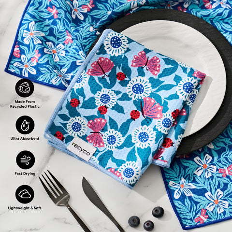 RECYCO waffle towel displays aerodry weave for quick drying after spills.
