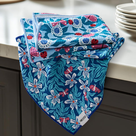 RECYCO waffle towel in cloud blue enhances kitchen style and sustainability.