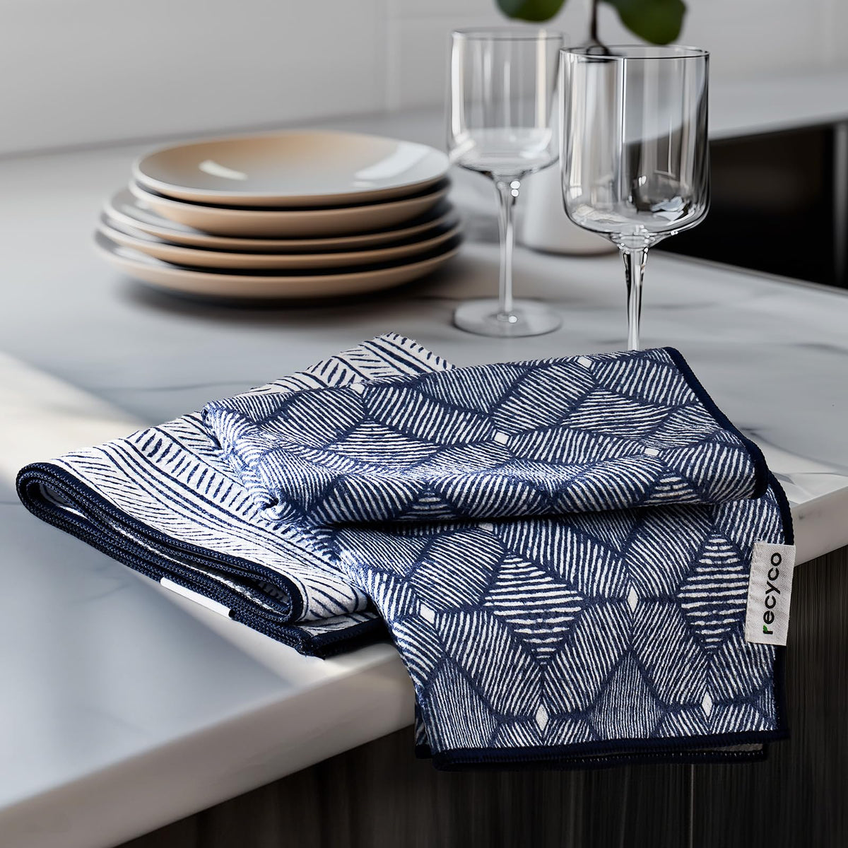 RECYCO waffle towel Indigo Harmony pattern adds style while supporting quick kitchen tasks.