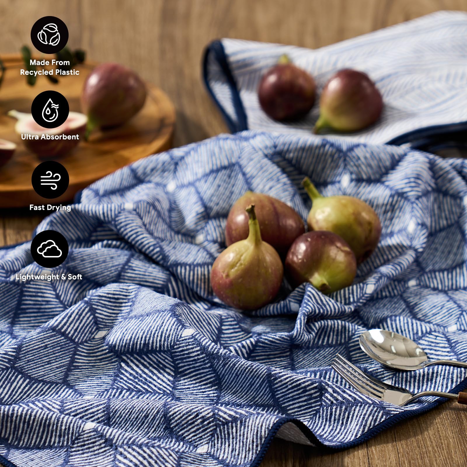 RECYCO waffle towel microfiber finish delivers high absorbency for quick dish drying.