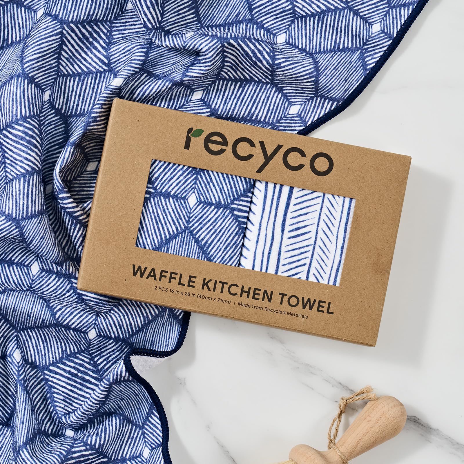 RECYCO waffle towel recycled-bottles composition supports sustainable daily cleaning.