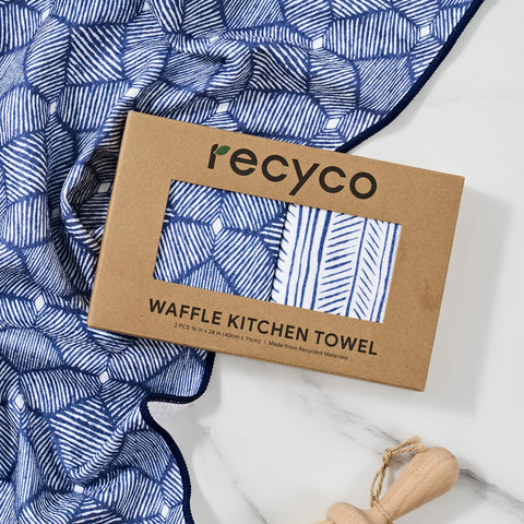 RECYCO waffle towel recycled-bottles composition supports sustainable daily cleaning.