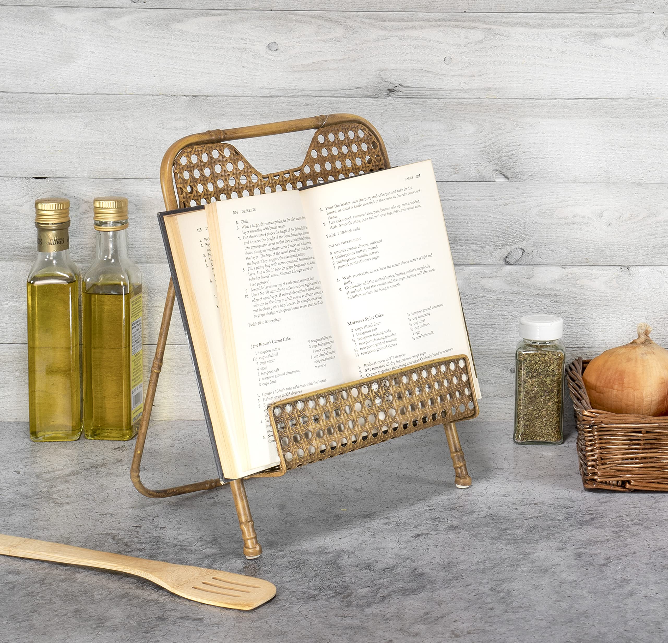 Red Co. bamboo weave-mesh stand highlights sturdy support for books and tablets.