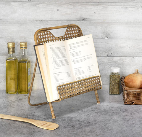 Red Co. bamboo weave-mesh stand highlights sturdy support for books and tablets.