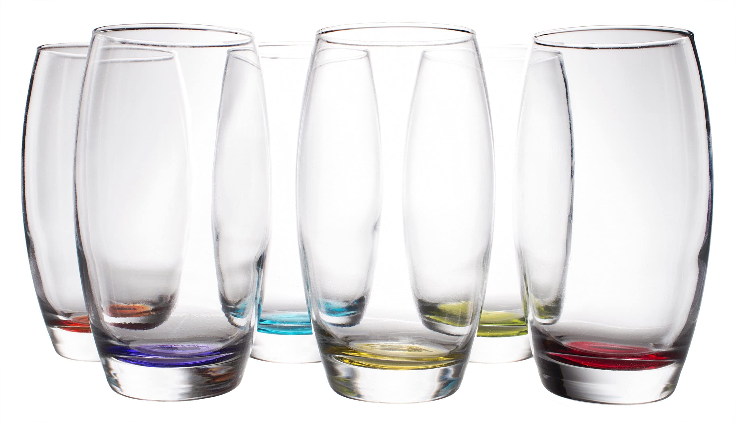 Red Co 16 oz glasses ideal for water, juice, or cocktails.
