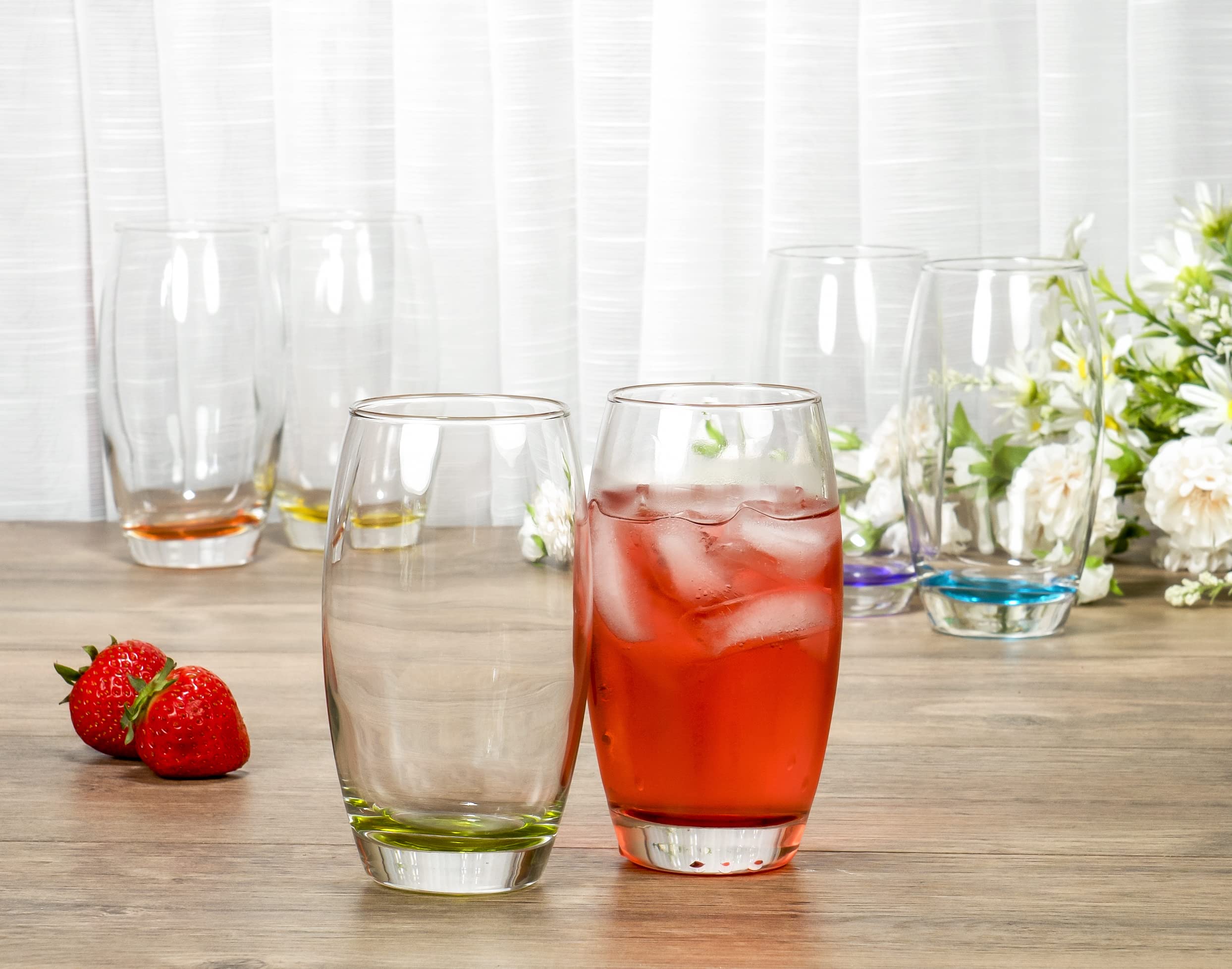 Red Co weighted-bottom glasses provide stability on a crowded table.