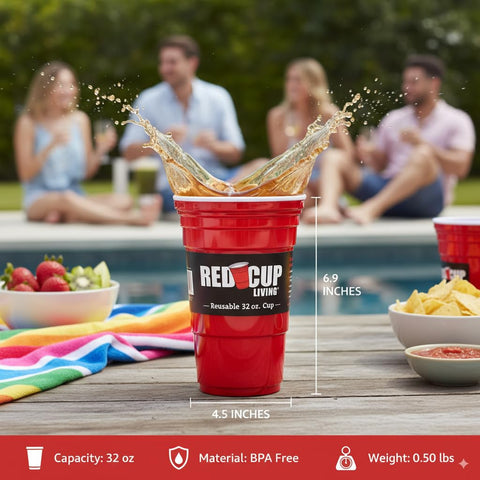 Red Cup Living 32oz tumbler, dishwasher safe, withstanding up to 1000 wash cycles