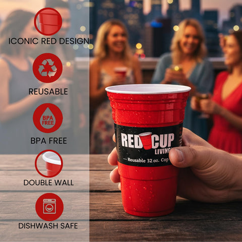 Red Cup Living 32oz tumbler, durable ABS material, built to withstand outdoor adventures
