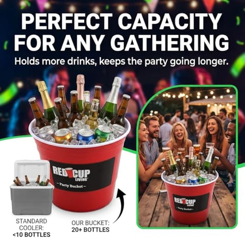 Red Cup Living unbreakable beverage tub demonstrates dishwasher-safe durability for events.