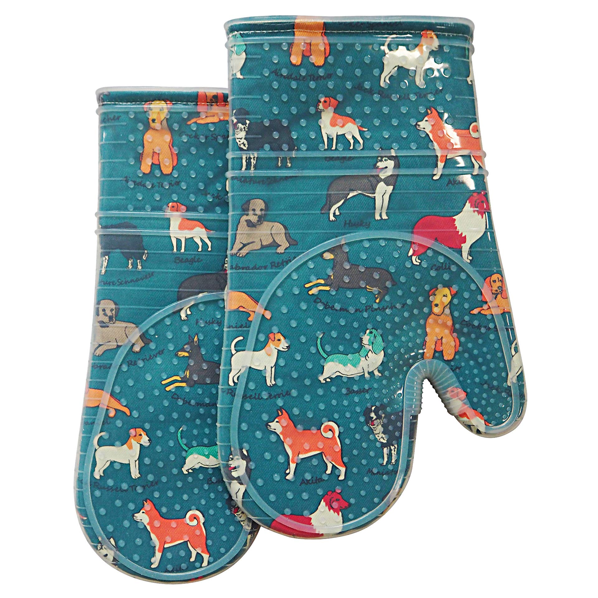 RED LMLDETA oven mitts with clear silicone shell and dog print for safe handling.