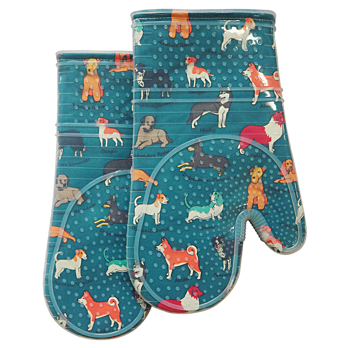 RED LMLDETA oven mitts with clear silicone shell and dog print for safe handling.