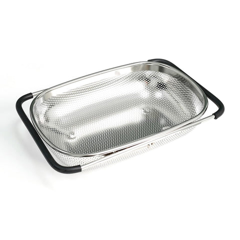 REDANT over-the-sink colander with extended handle for easy draining.