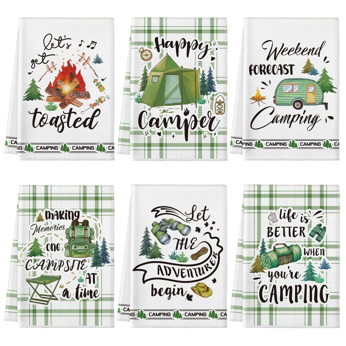 Redbaker camping towels 6pc set with tent-pattern for outdoor convenience.