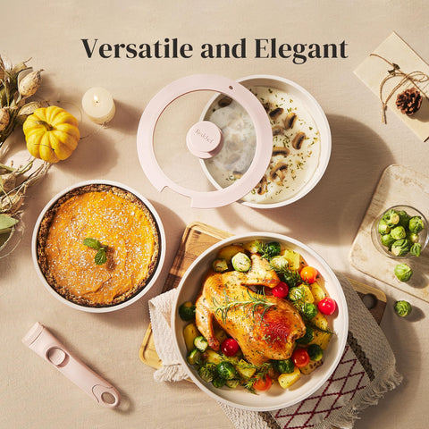 Redchef 10-inch skillet browning food evenly on induction cooktop.