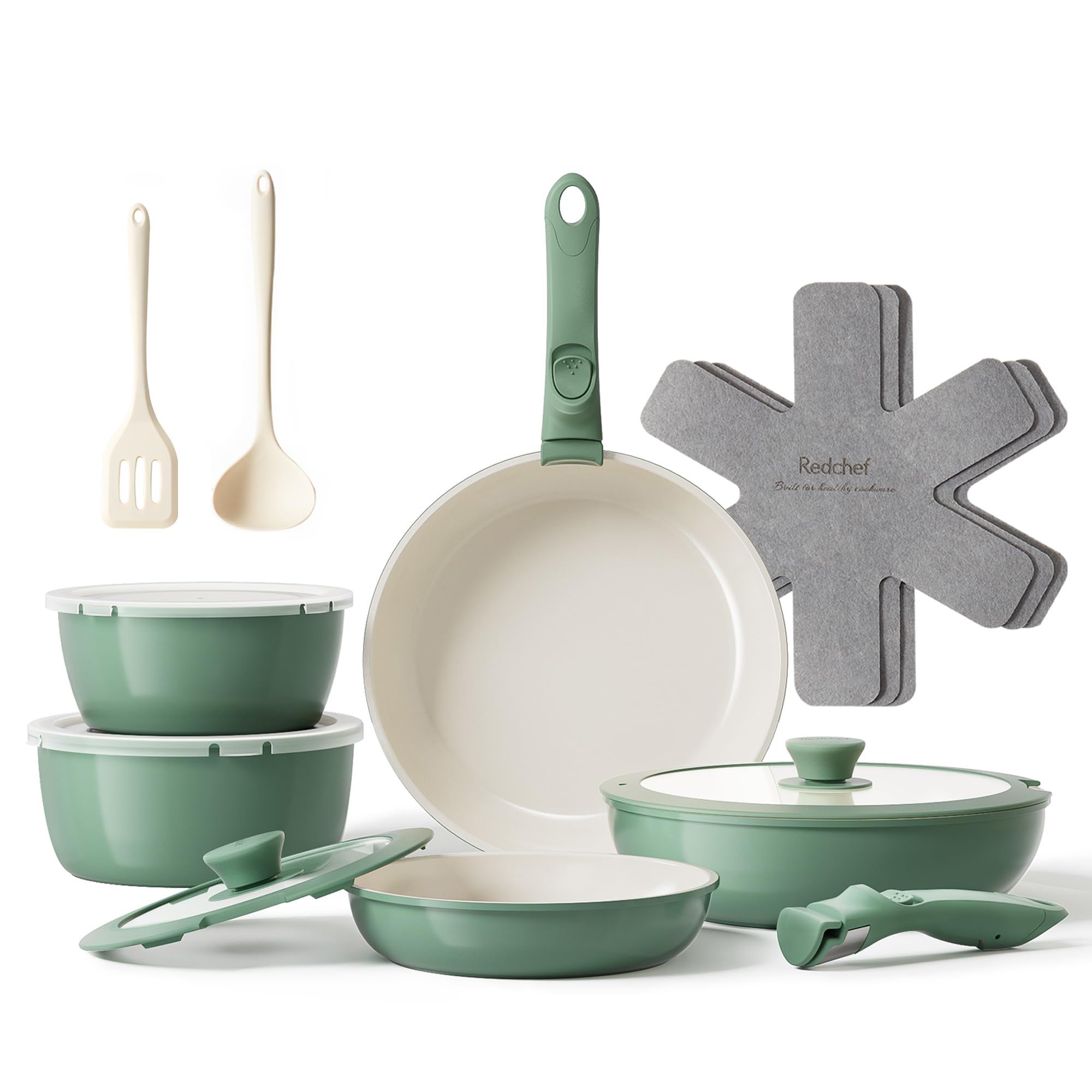 Redchef 16pcs ceramic pots and pans set front view with non-toxic ceramic finish