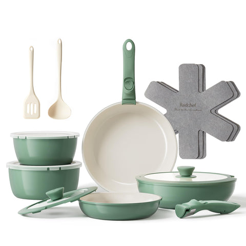 Redchef 16pcs ceramic pots and pans set front view with non-toxic ceramic finish