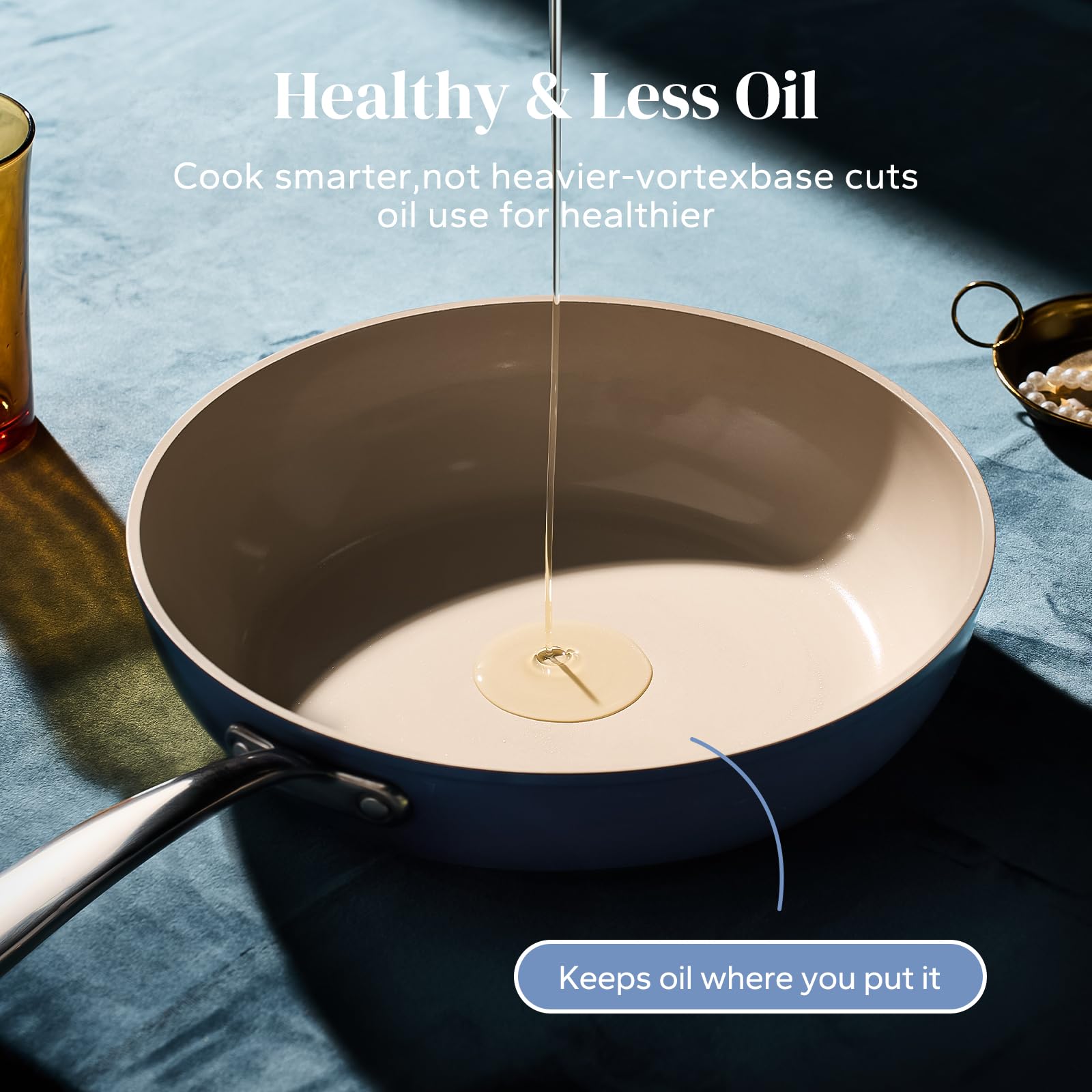 Redchef 9.5-inch deep ceramic pan blue, even heat for versatile sautéing.