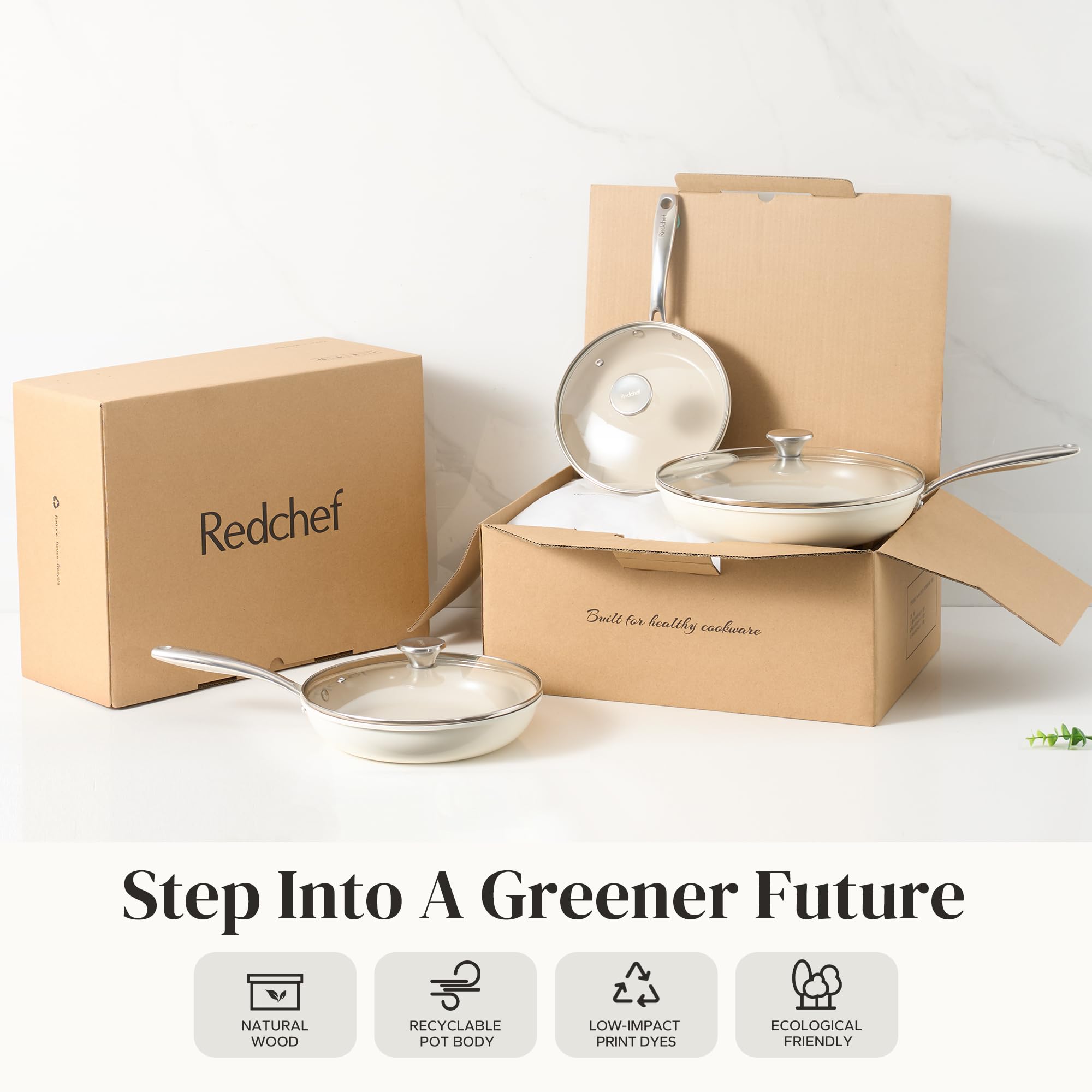 Redchef oven-safe beige cookware ready for stovetop to oven use